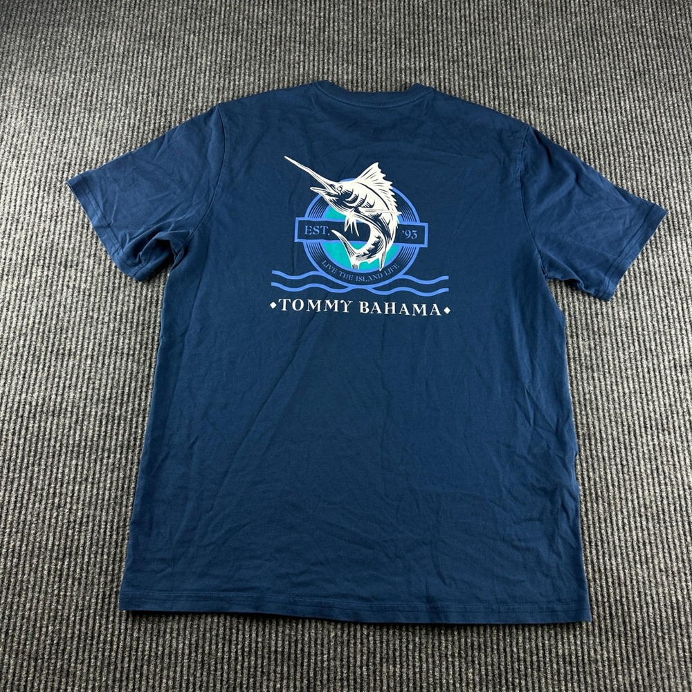 Tommy Bahama Mens Small Navy Blue Marlin Graphic T-Shirt Live The Island Life